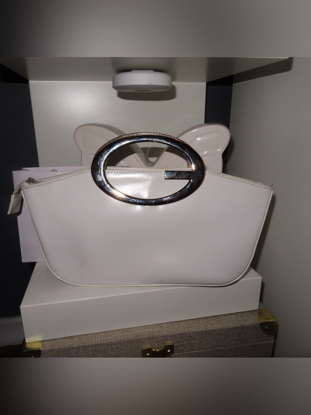 White Leather Top-Handle Clutch with G-Shaped Metal Handle
